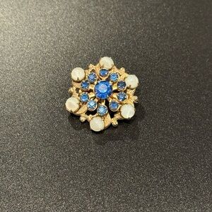 Vintage Blue Rhinestone & Opalescent White Glass Prong Set Brooch Pin